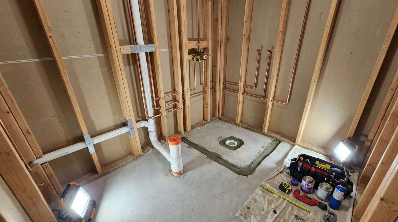 Bathroom rough-in plumbing during remodel by Johns Plumbing LLC in Beardstown
