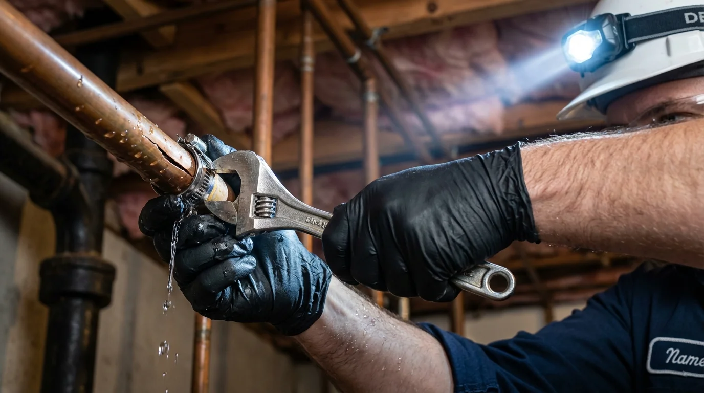 Emergency pipe clamp repair being performed by a Johns Plumbing LLC plumber in Beardstown