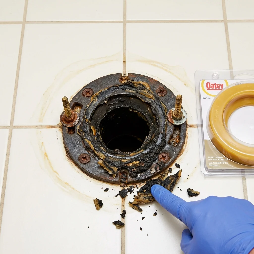 Failed wax ring showing water seepage at the base of a toilet in a Beardstown, IL home
