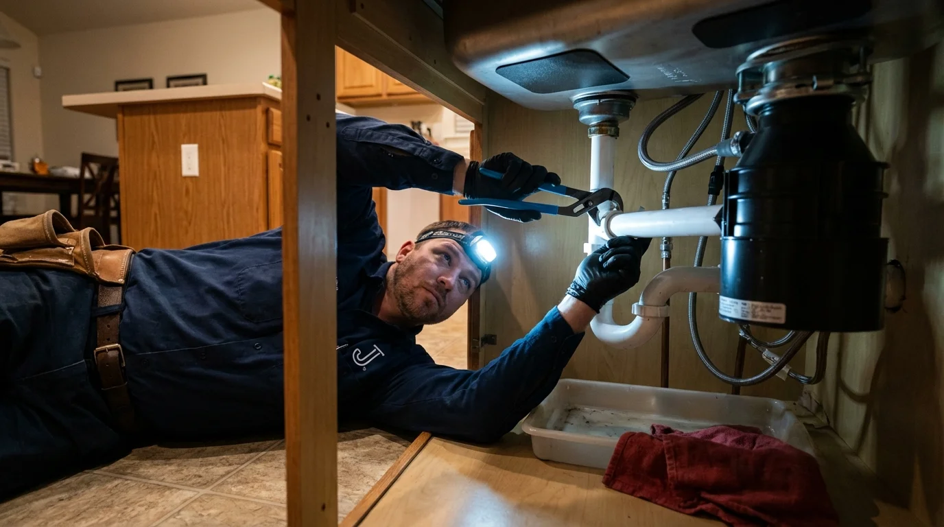 P-trap and supply line connections under a kitchen sink showing a common leak point in Beardstown, IL